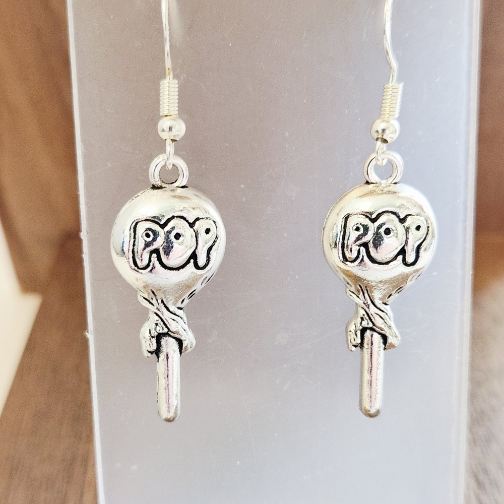 Silver Lollipop POP Candy Drop Earrings Whimsical Novelty Y2K Dangle Jewelry